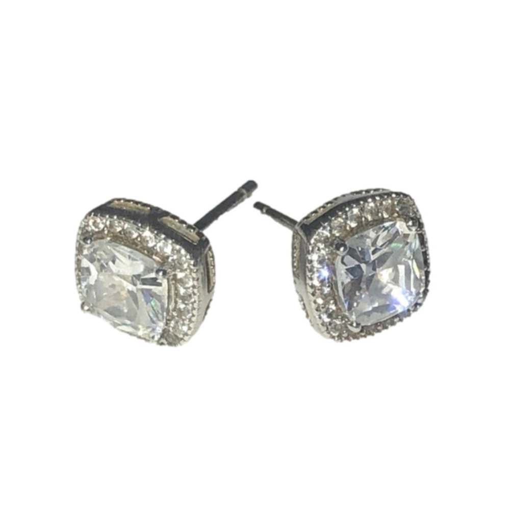 Vtg Sterling Silver Cushion Square Cut CZ w Halo Stud Earrings 9mm x 9mm